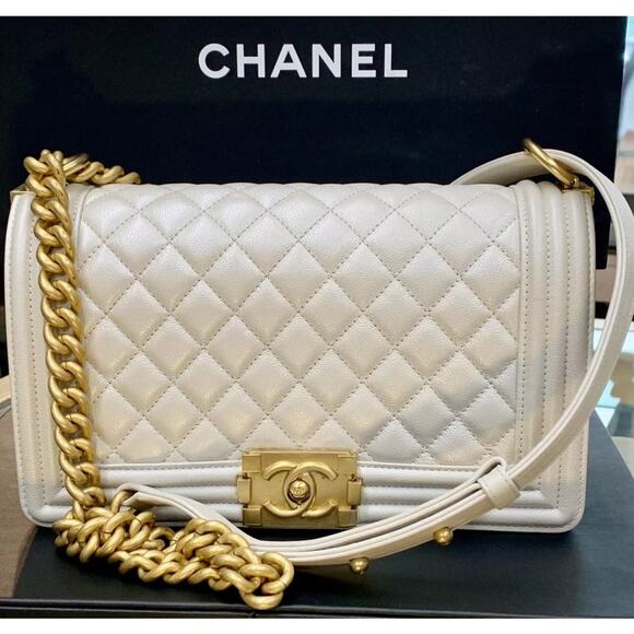 CHANEL Handbags - CHANEL Purse Medium Boy Chanel Chain Shoulder Bag Pearl White Quilted + Receipt
